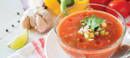 Chilled Spicy Gazpacho Soup with Garlic Butter Croutons