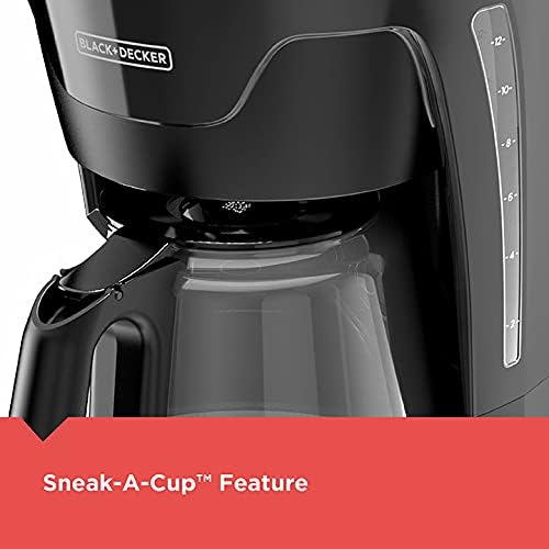 Black and Decker coffee maker with 'Sneak-A-Cup' feature on a red background