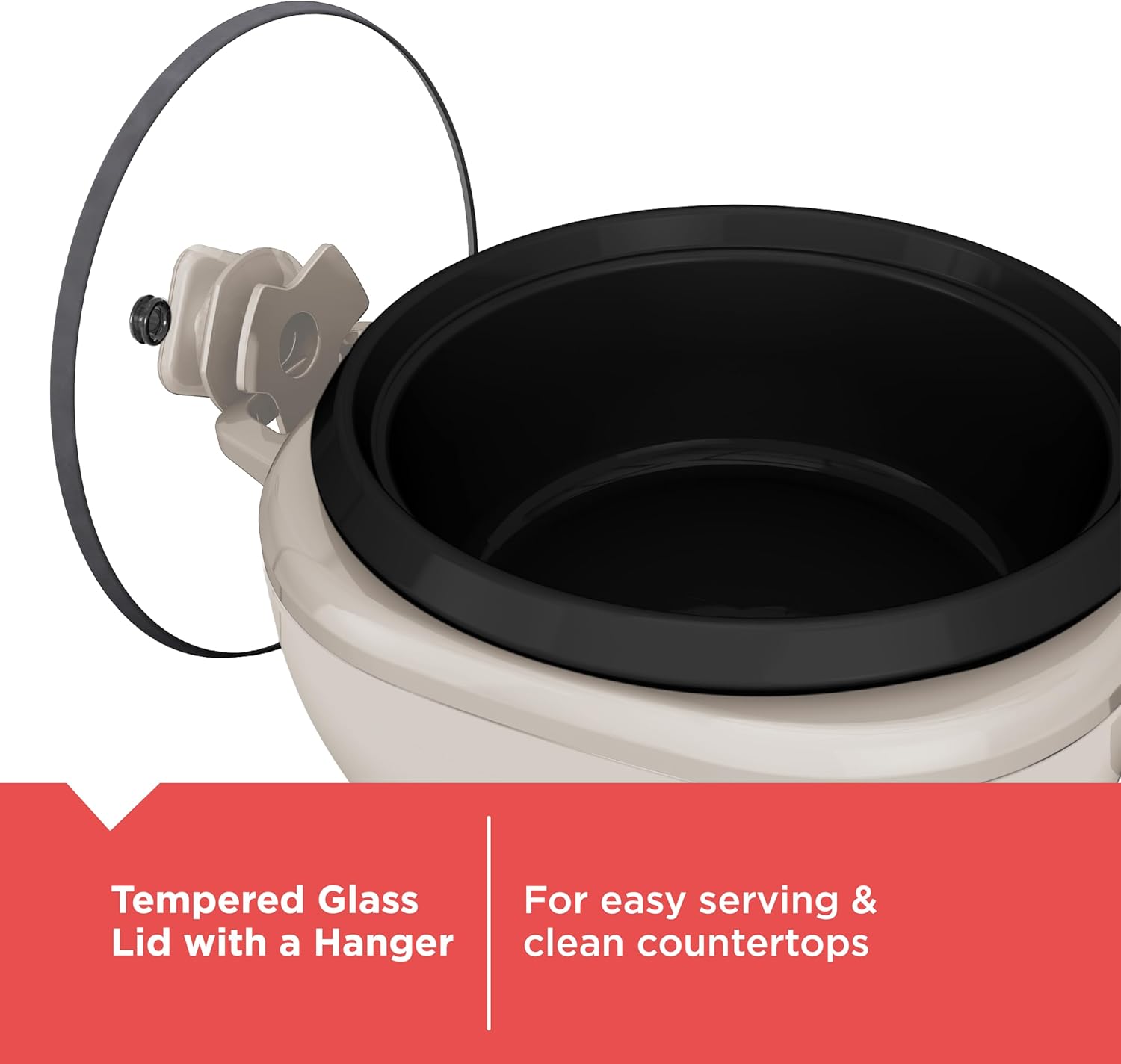 White pot with black interior and tempered glass lid on a white background