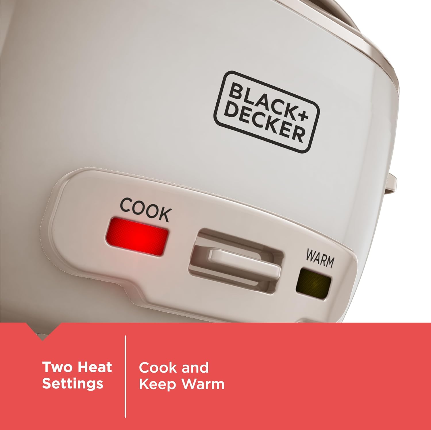 Black+Decker rice cooker with control panel on a white background