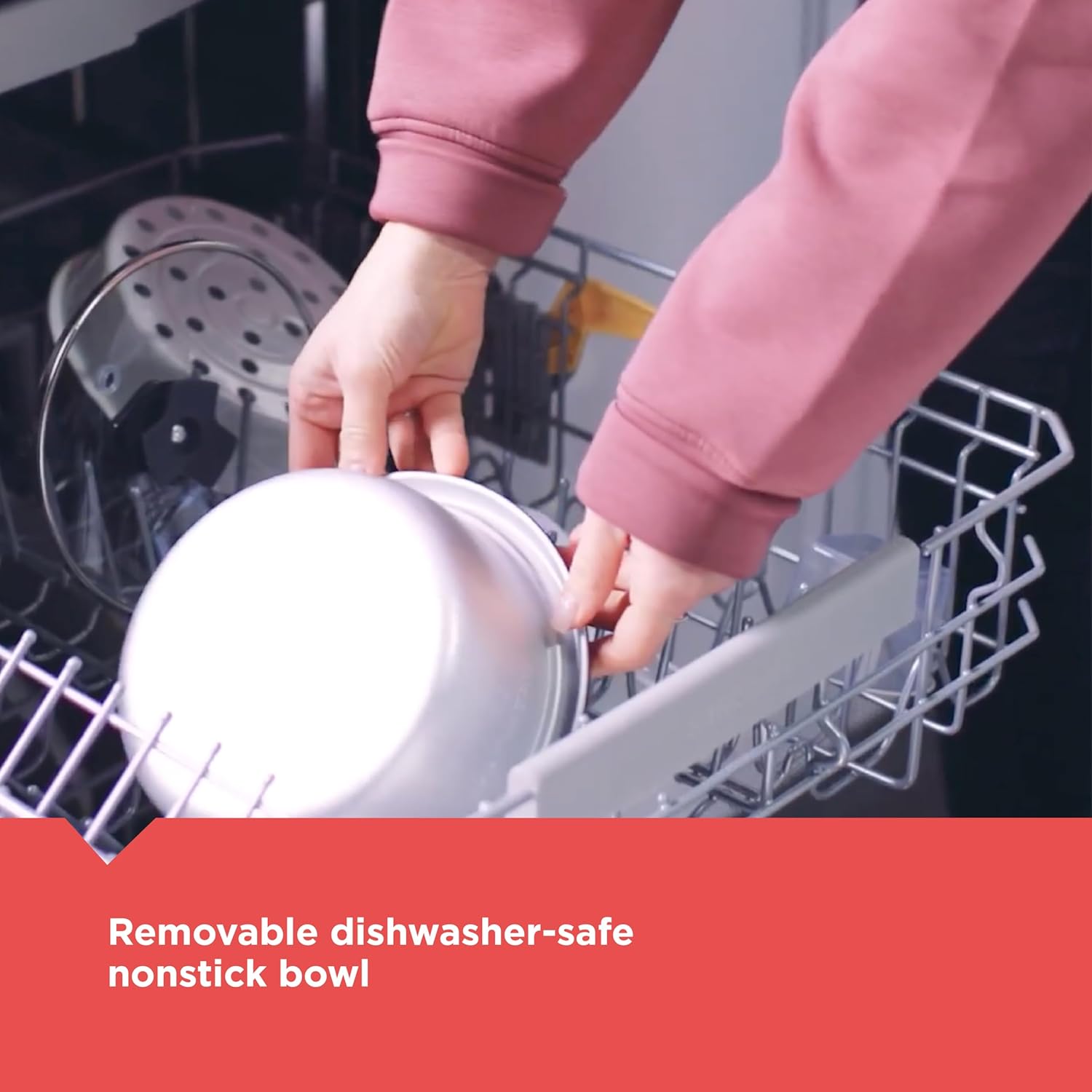 Person removing a white bowl from a dishwasher with text 'Removable dishwasher-safe nonstick bowl'.