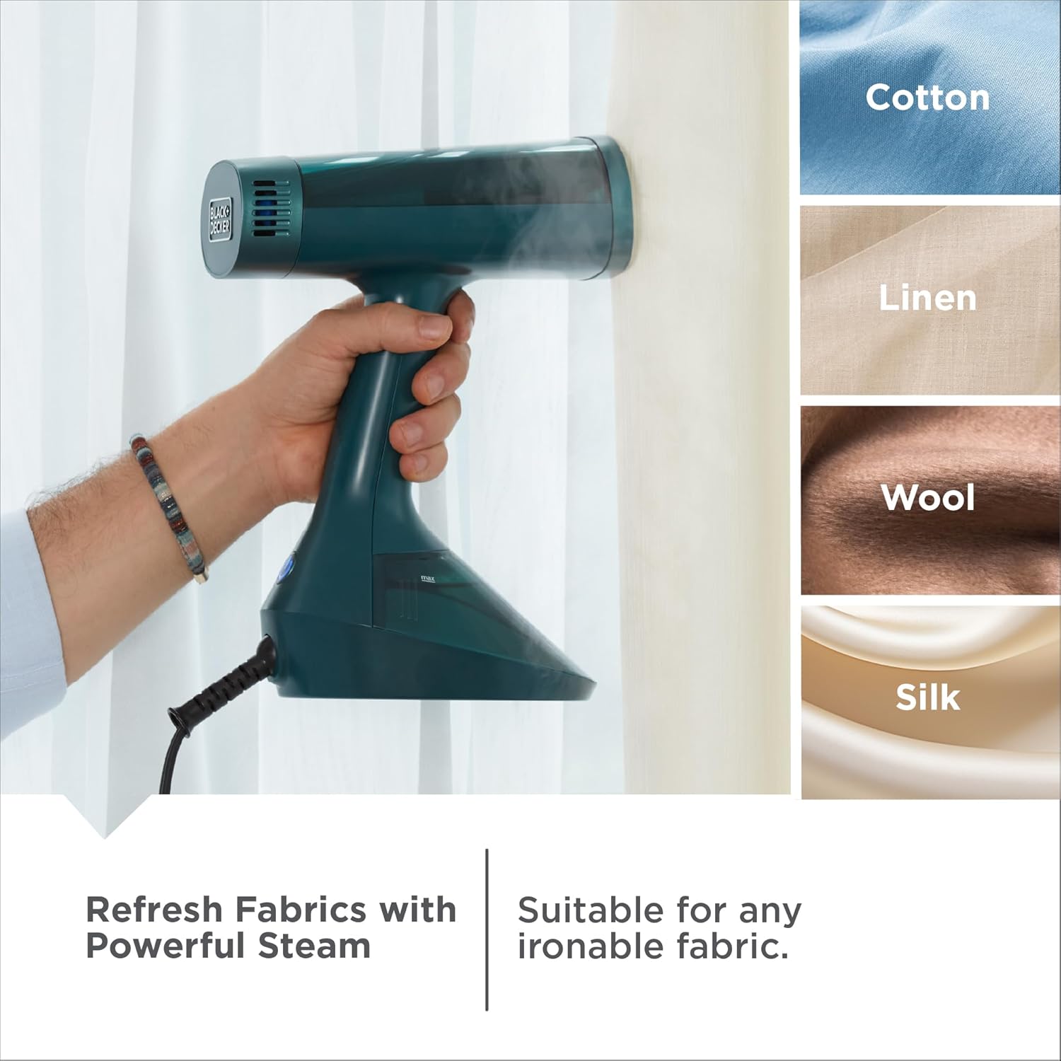 Hand holding a green handheld steamer with fabric types shown on the right.