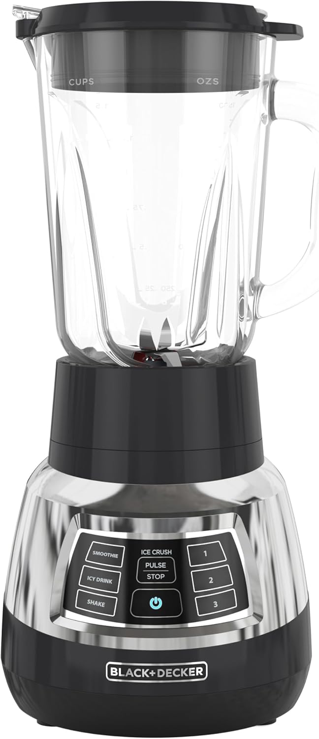 Black and Decker blender with clear container on a white background