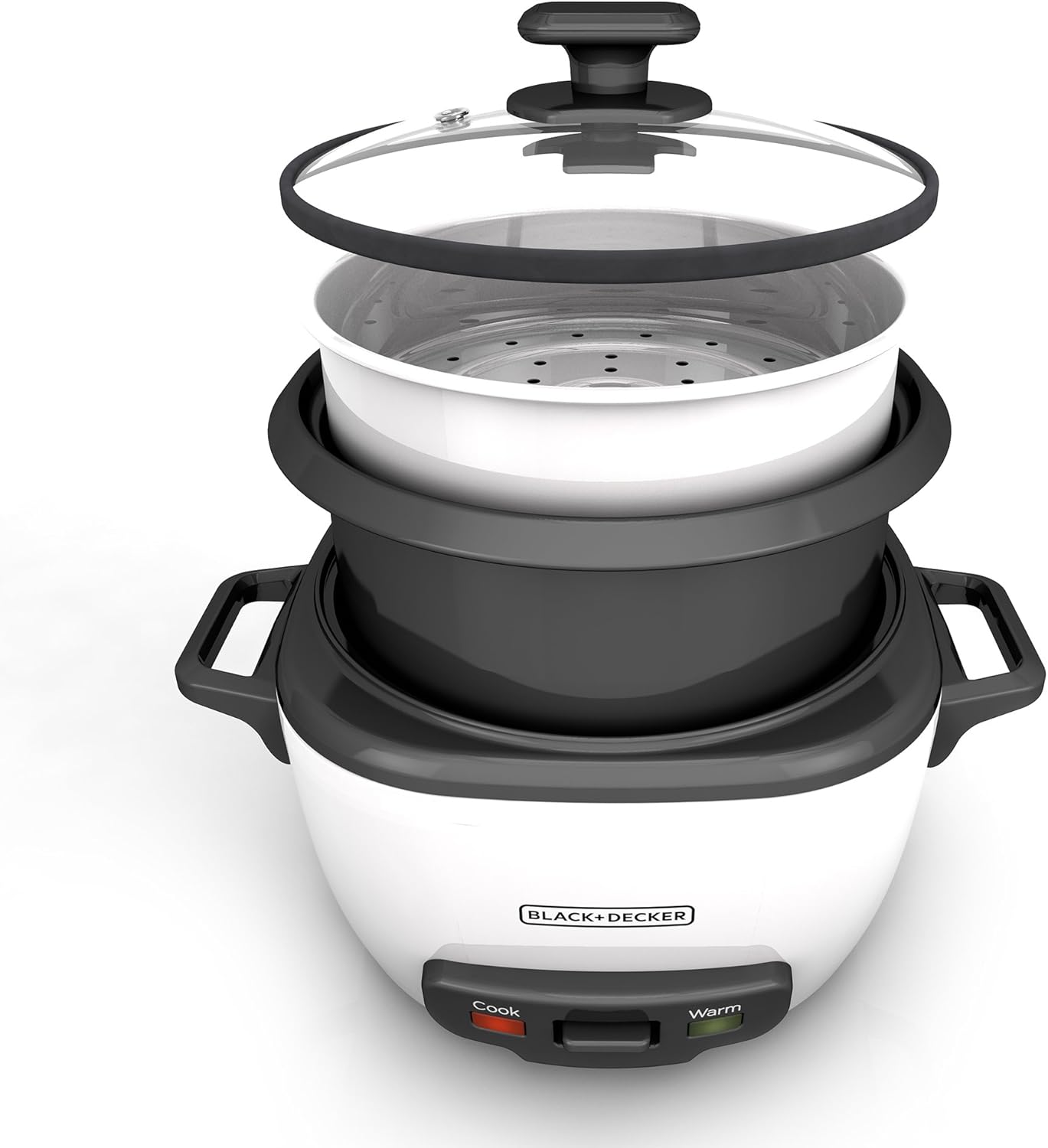 Rice Cooker showing inner set with lid on a white background, featuring Black+Decker branding.