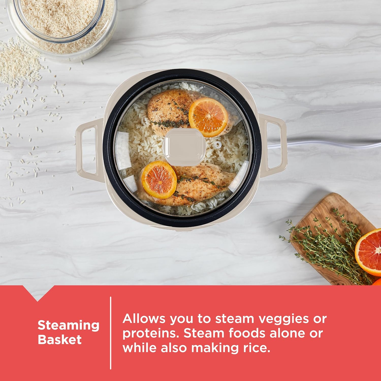 Cooking pot with steaming basket containing food on a light surface.