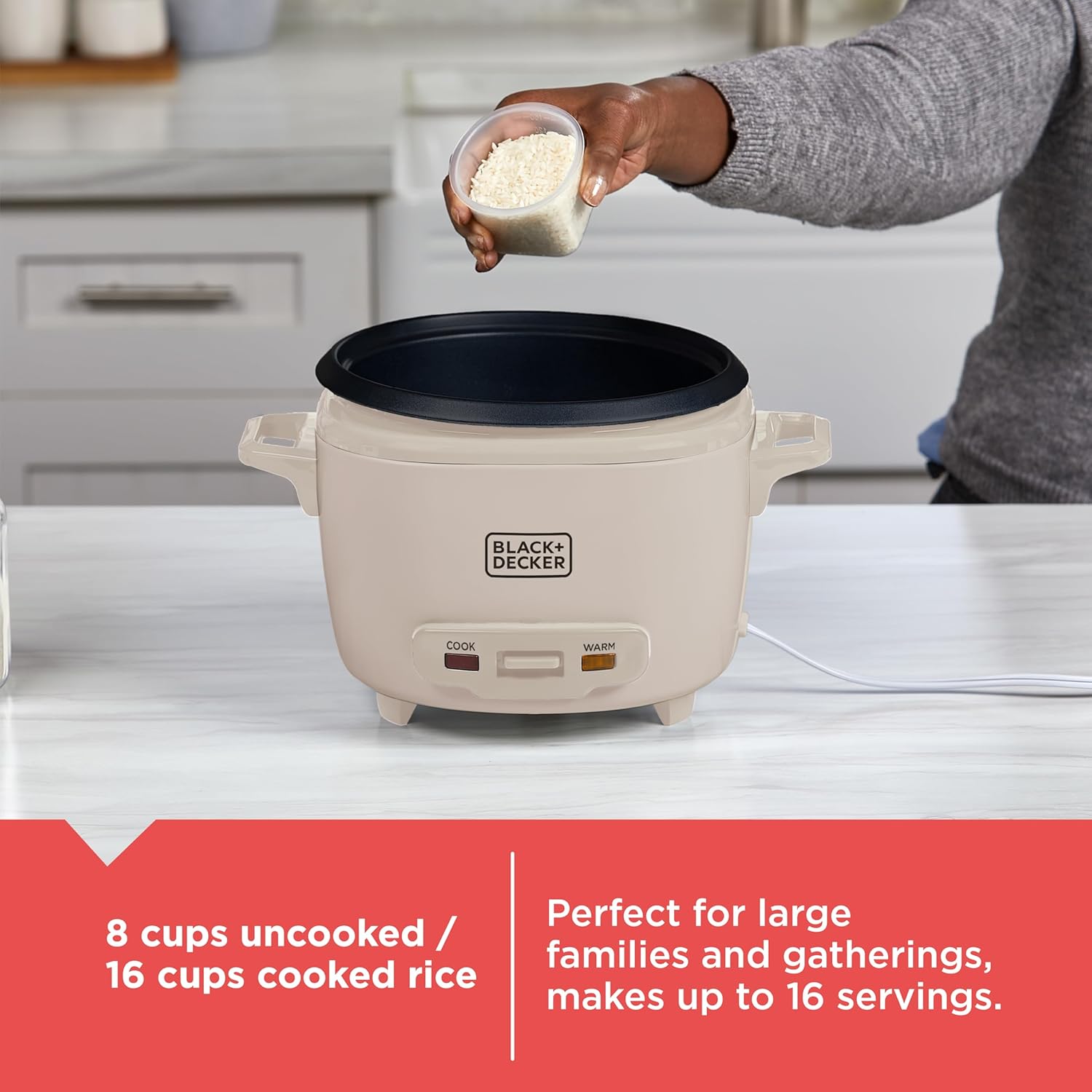 Person adding rice to a Black+Decker rice cooker with text about capacity and usage.