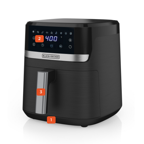 Black air fryer with digital display on a white background