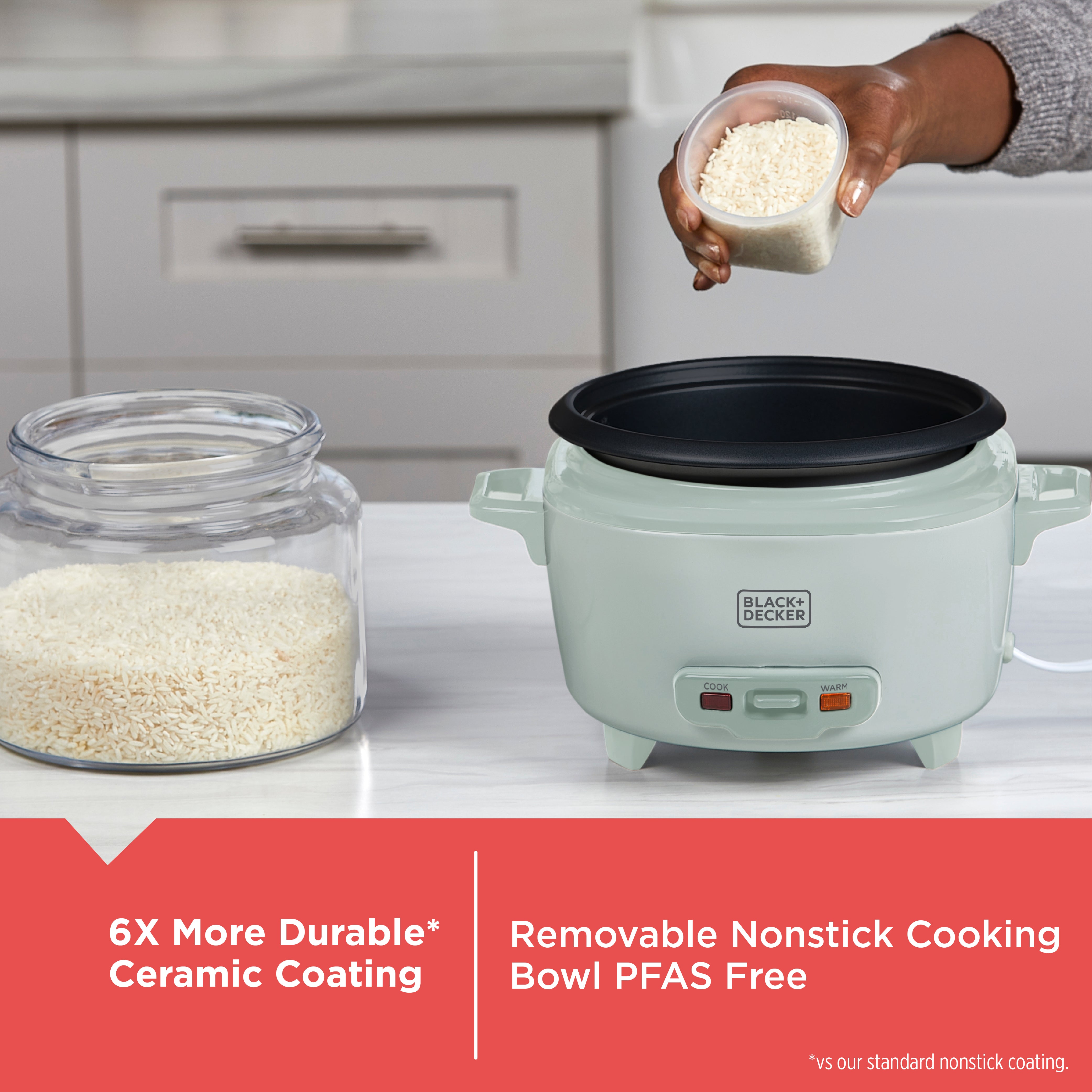 Green rice cooker with a person adding rice, surrounded by text highlighting features.