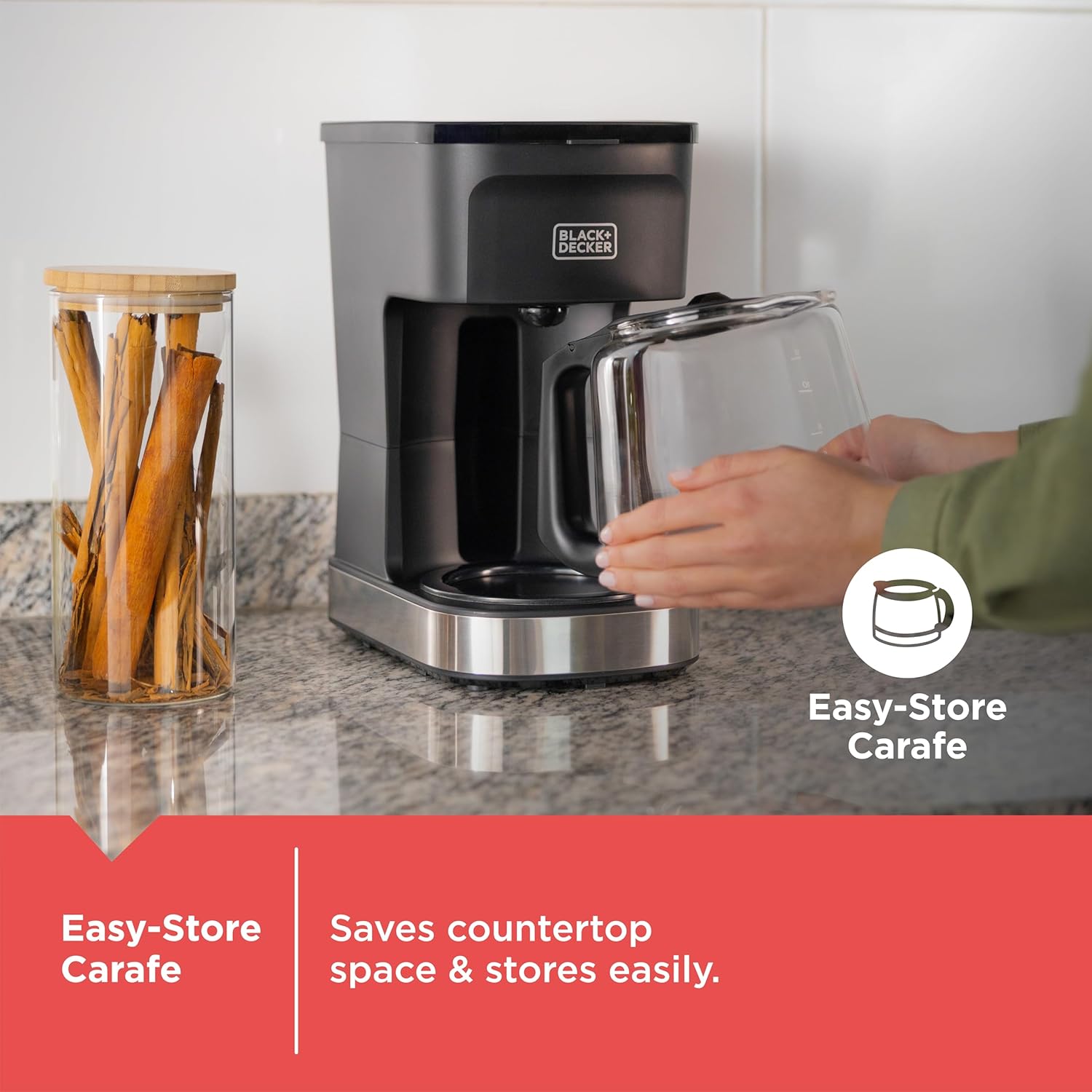 Black and Decker coffee maker with an easy-to-store carafe on a kitchen counter.
