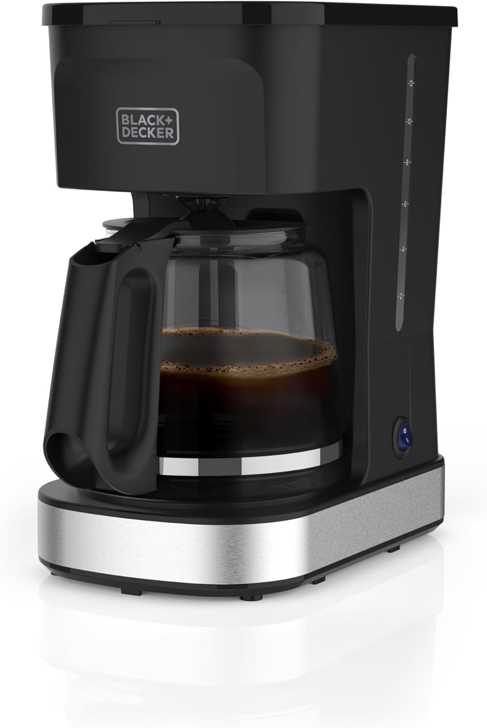 Black and Decker coffee maker with a glass carafe on a white background