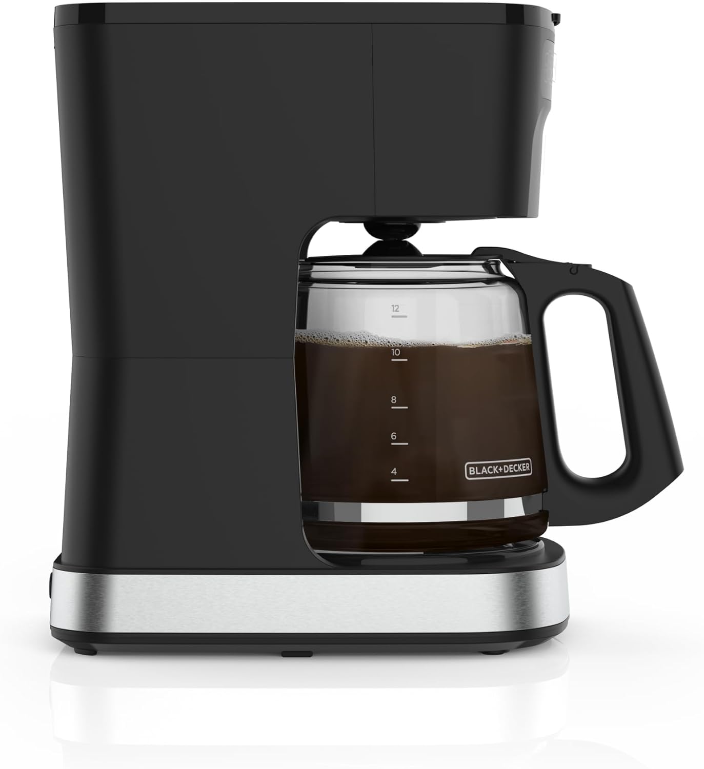 Black and Decker coffee maker with a glass carafe on a white background
