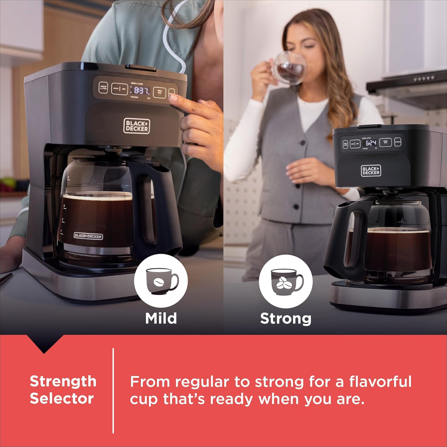 Black+Decker coffee maker with strength selector feature shown in two scenarios.