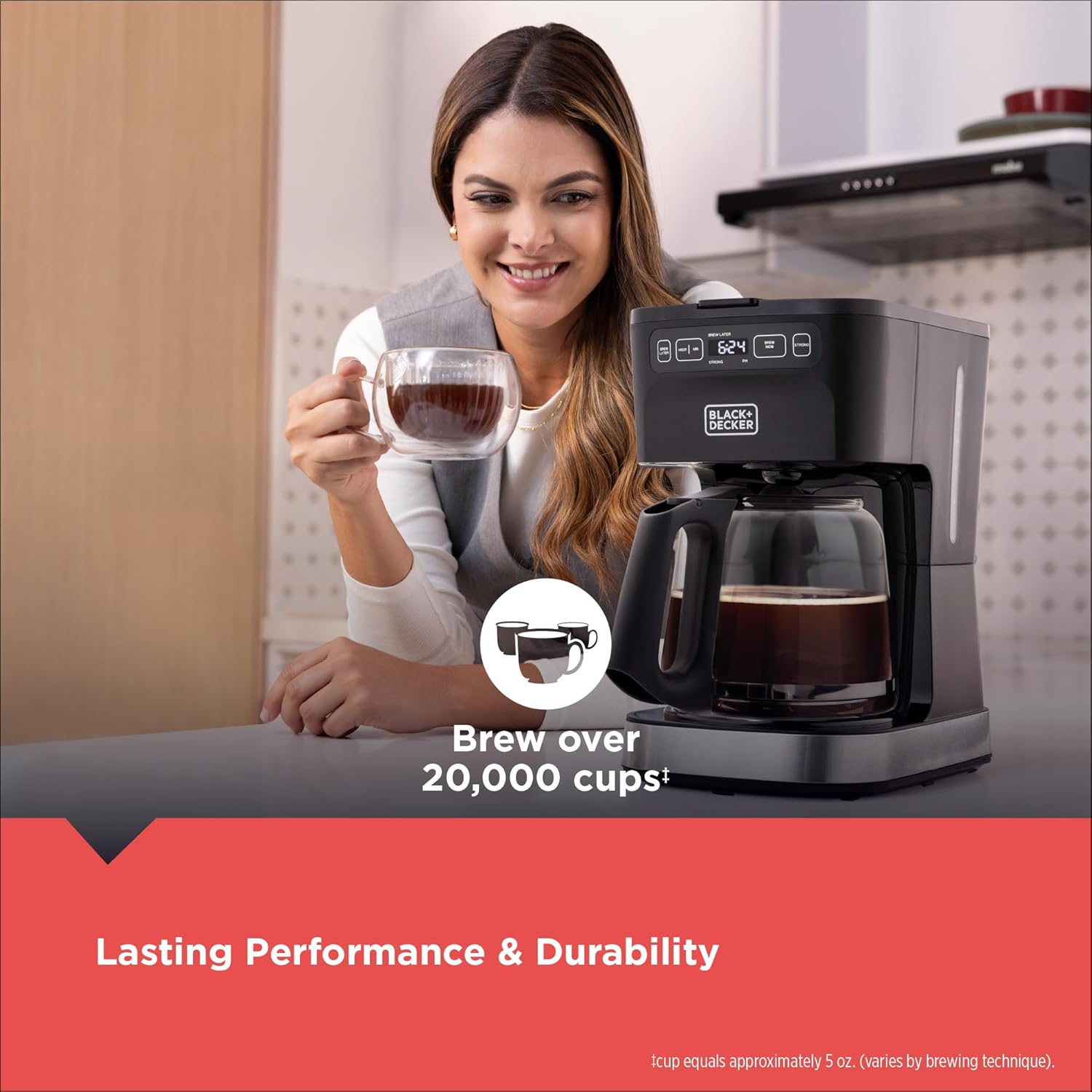 Woman holding a coffee cup next to a Black & Decker coffee maker with text about durability.