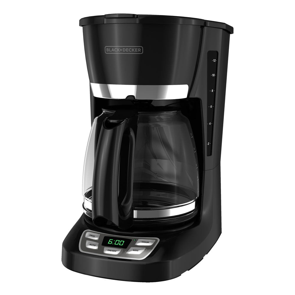 Black coffee maker with digital display on a white background