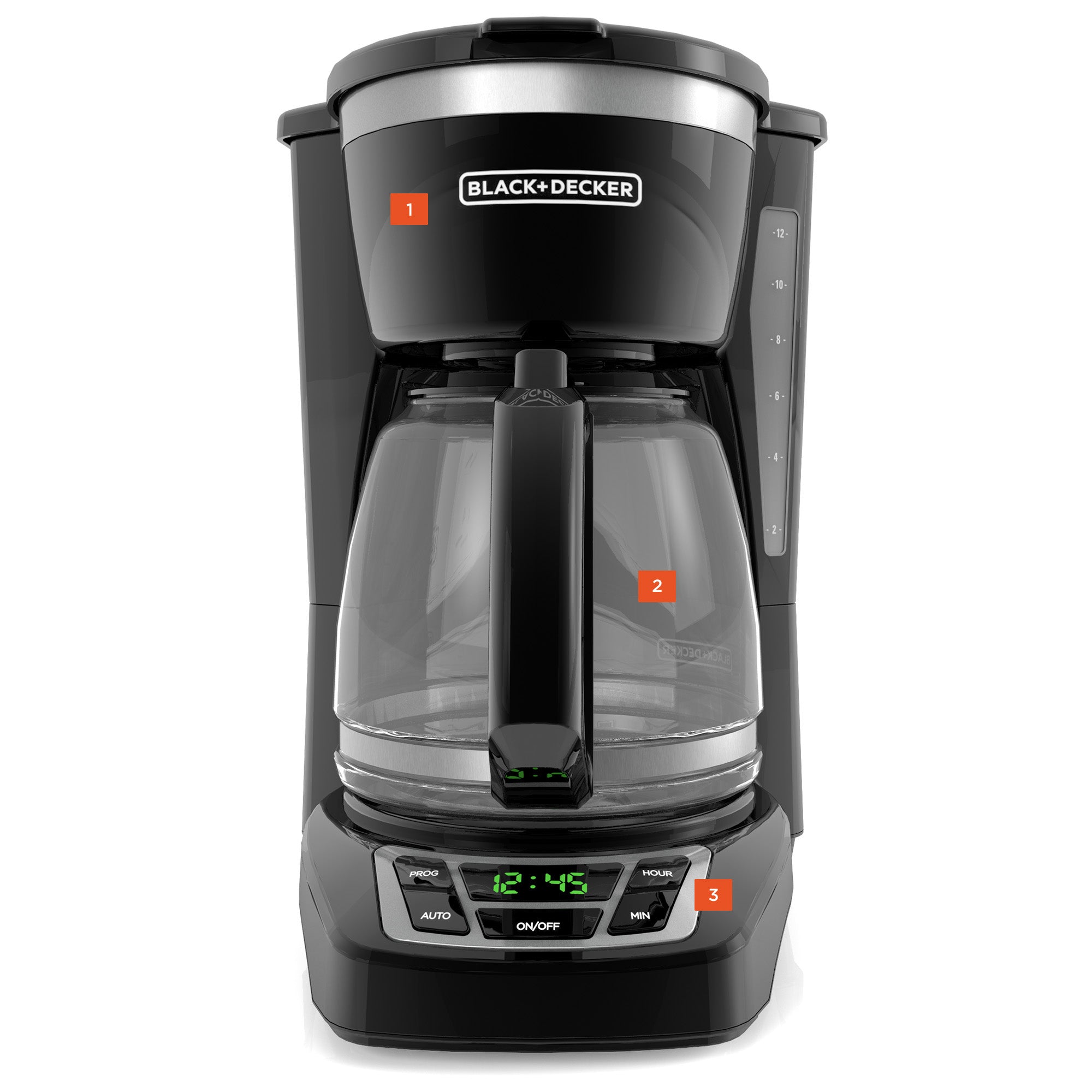 Black+Decker coffee maker on a white background