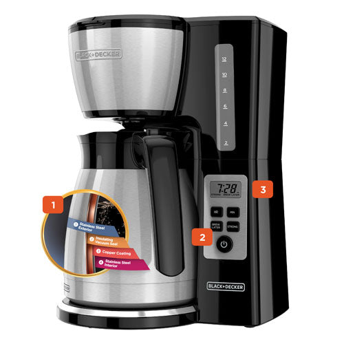 Black+Decker coffee maker with digital display on a white background