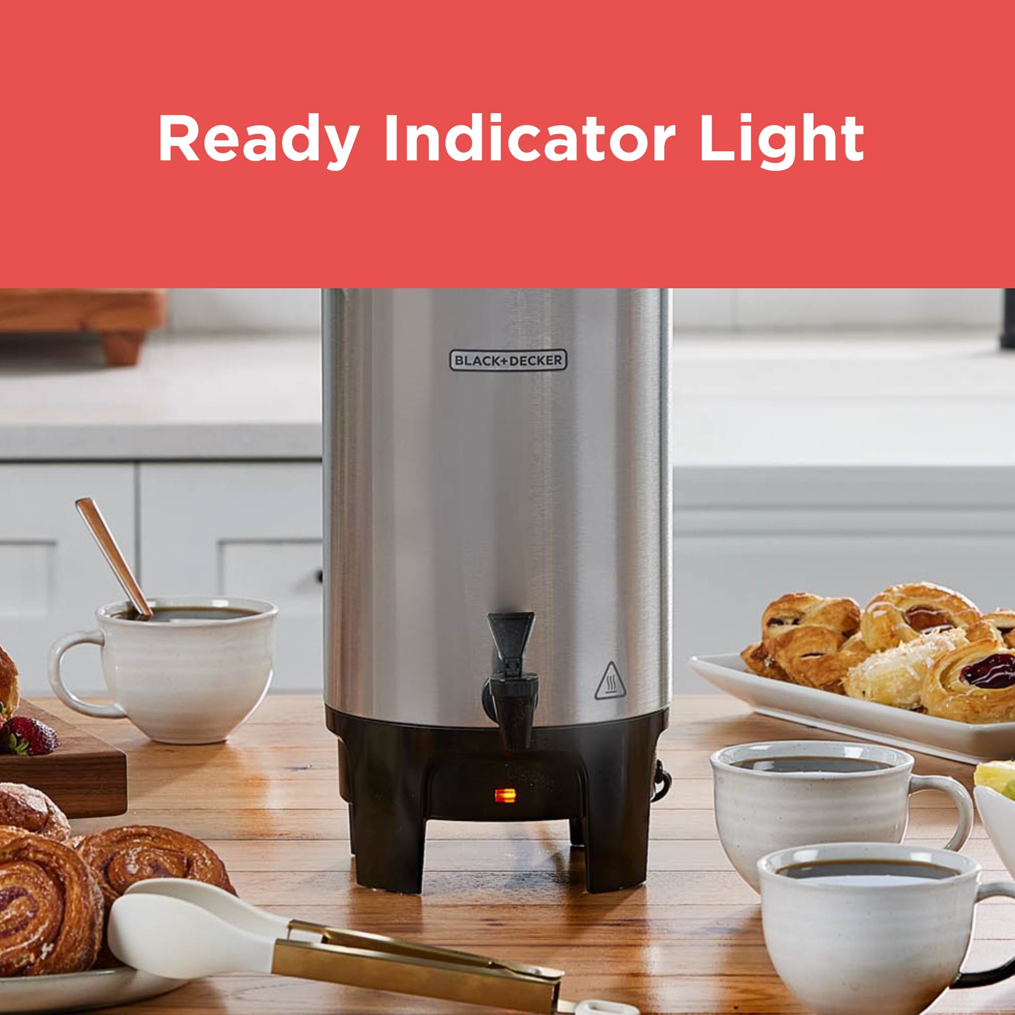Aluminum Coffee Urn with Ready Indicator light places on table with coffee cups