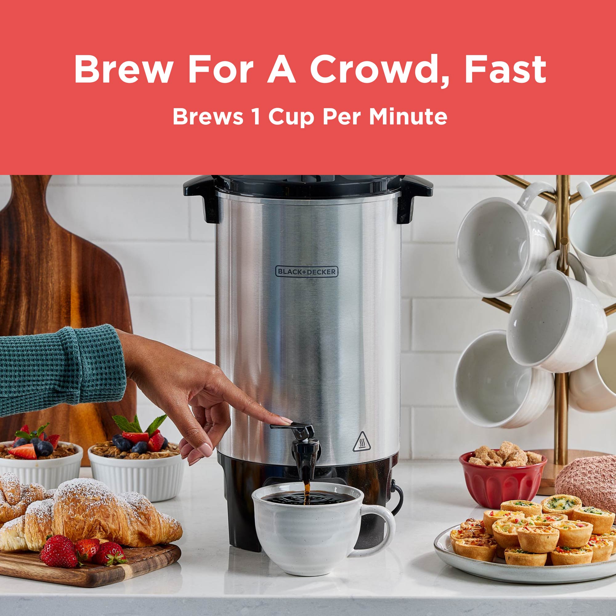 Hand using pour spot with coffee urn filling mug places on table with food