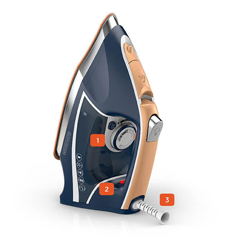 Blue and silver iron with control panel on a white background