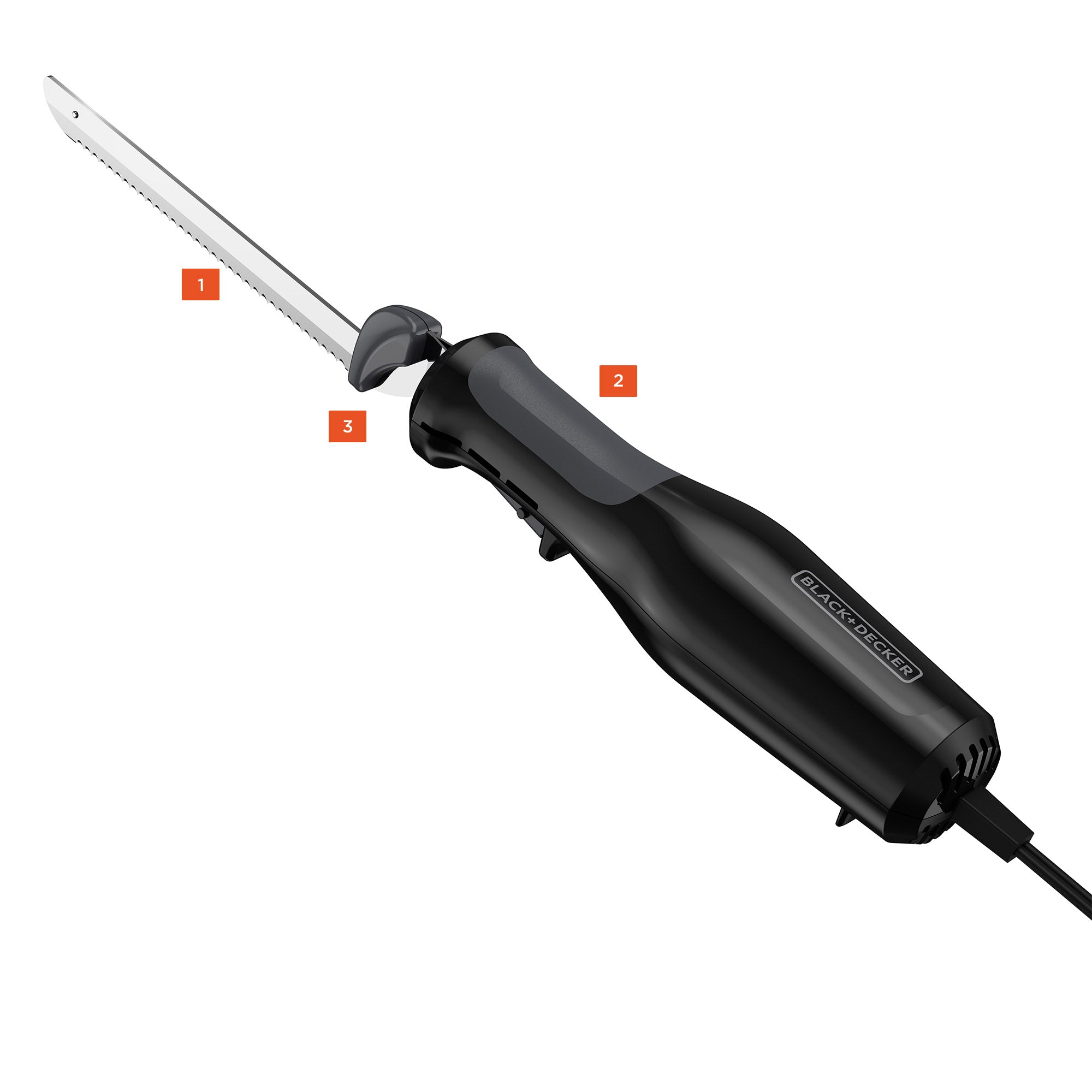Black electric knife with a blade attachment on a white background