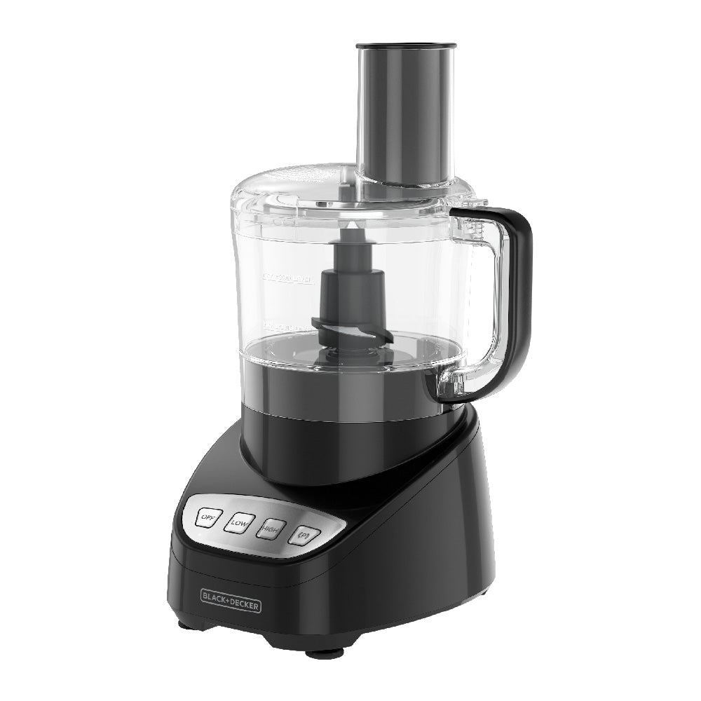 Black food processor with clear container on a white background