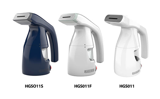 Three handheld steamers with different color options on a white background