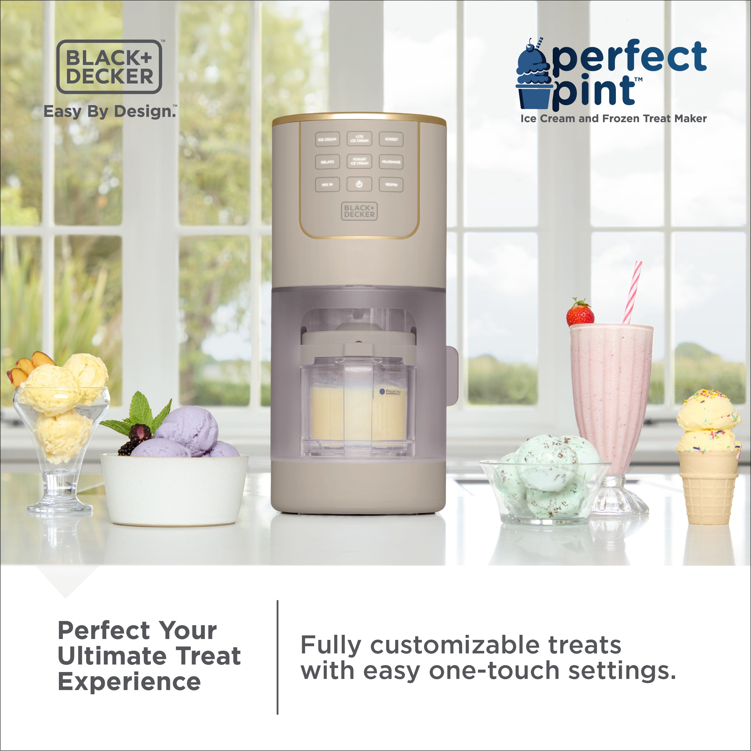 Black+Decker Perfect Pint ice cream maker with various ice cream treats on a white surface.