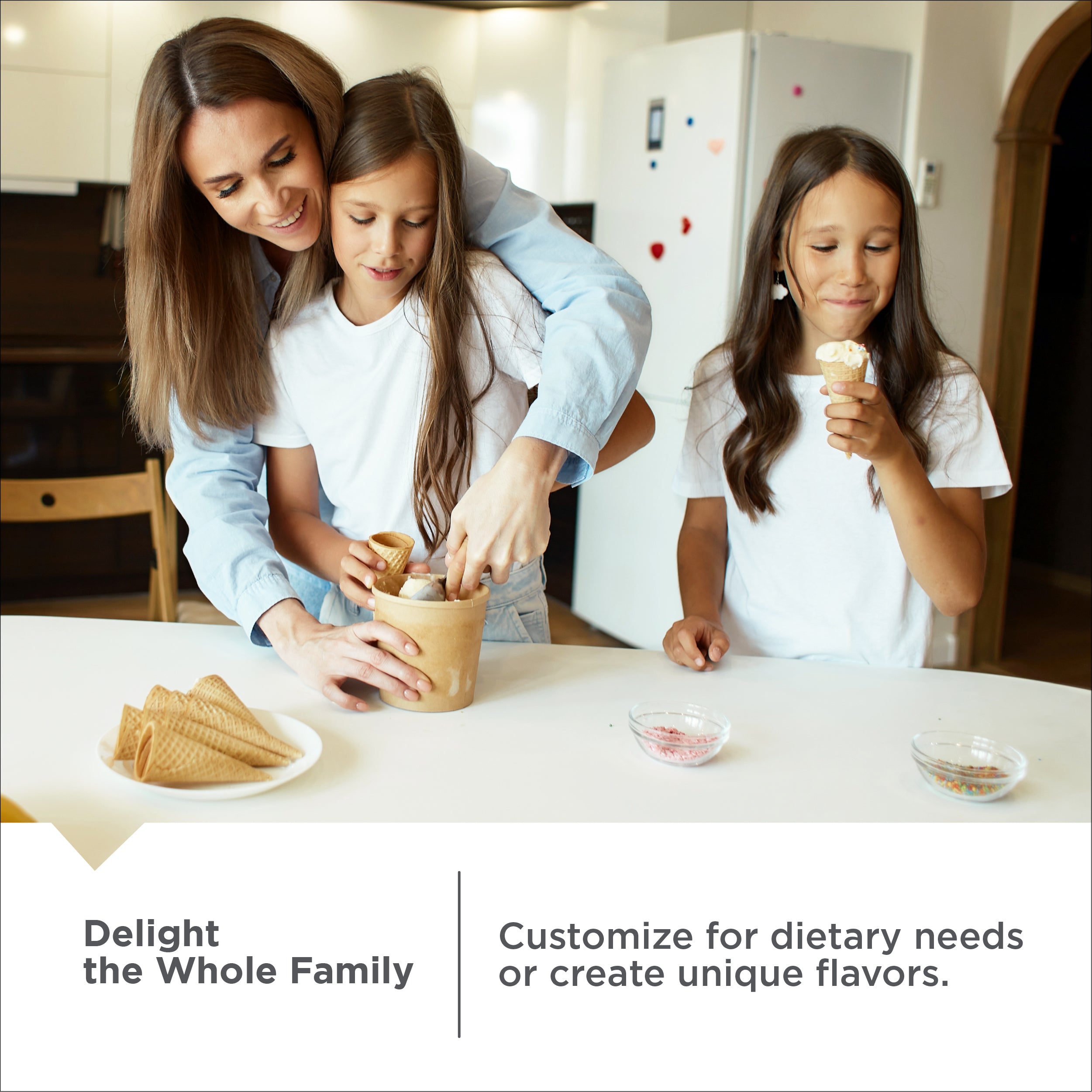 Woman and two children enjoying ice cream at a table with text about family enjoyment and customization options.