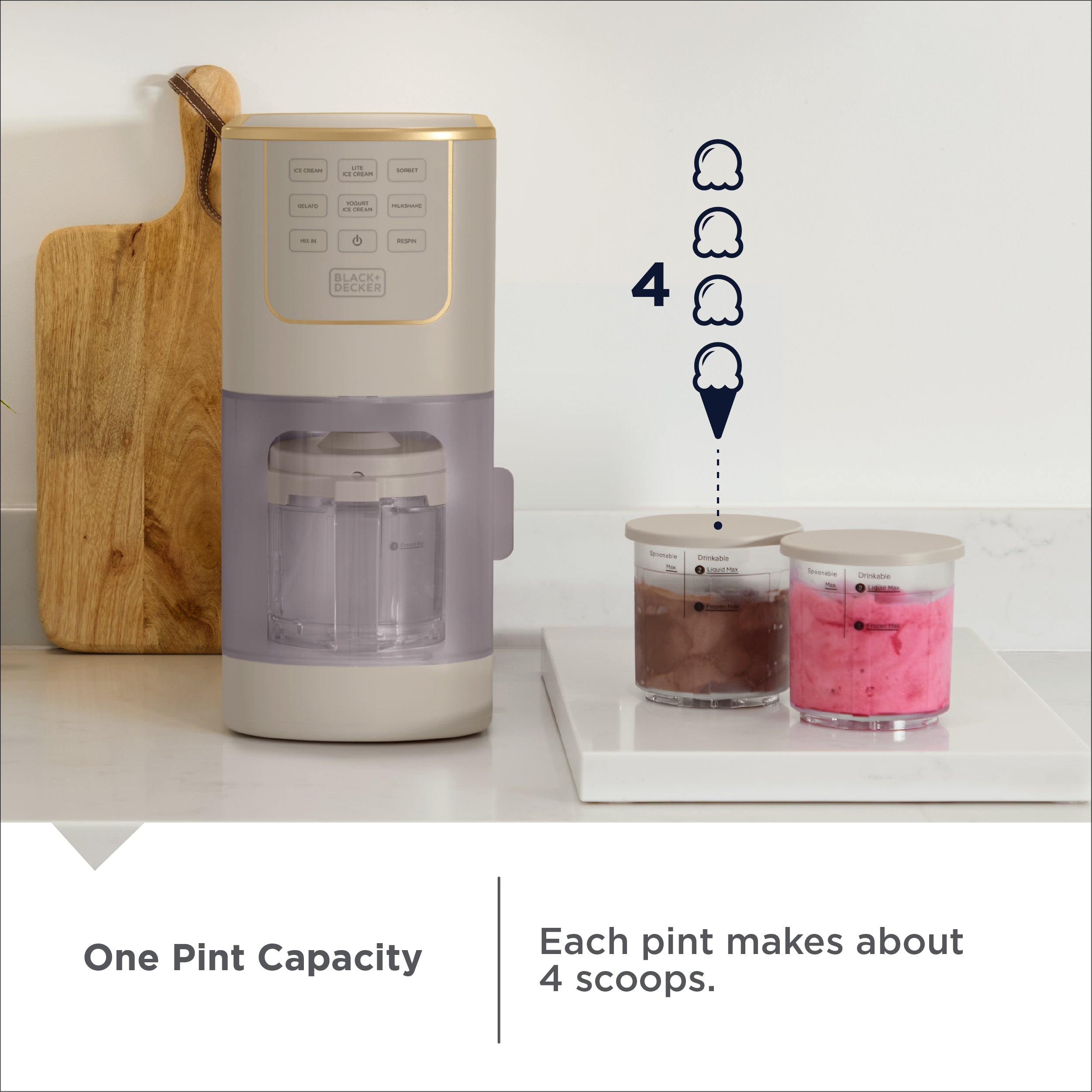 Coffee maker with two cups showing different coffee types on a white surface.