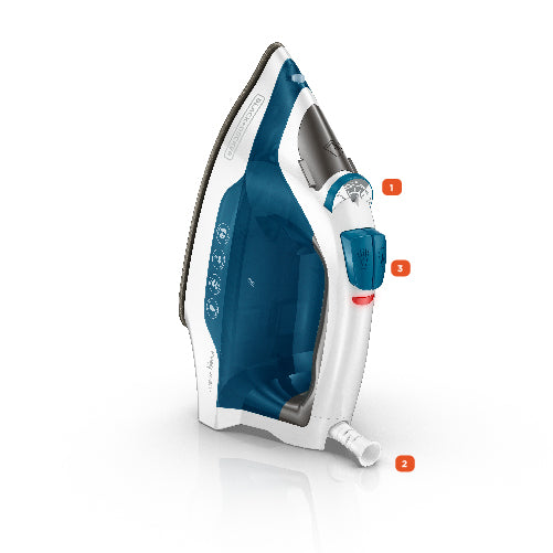 White and blue steam iron on a white background