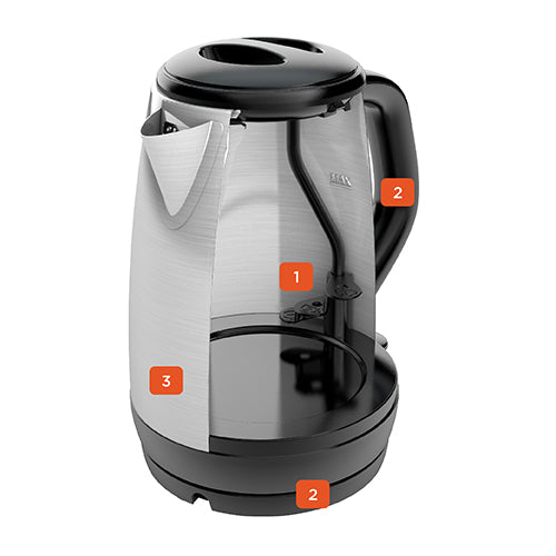 Black and silver electric kettle with labeled parts on a white background