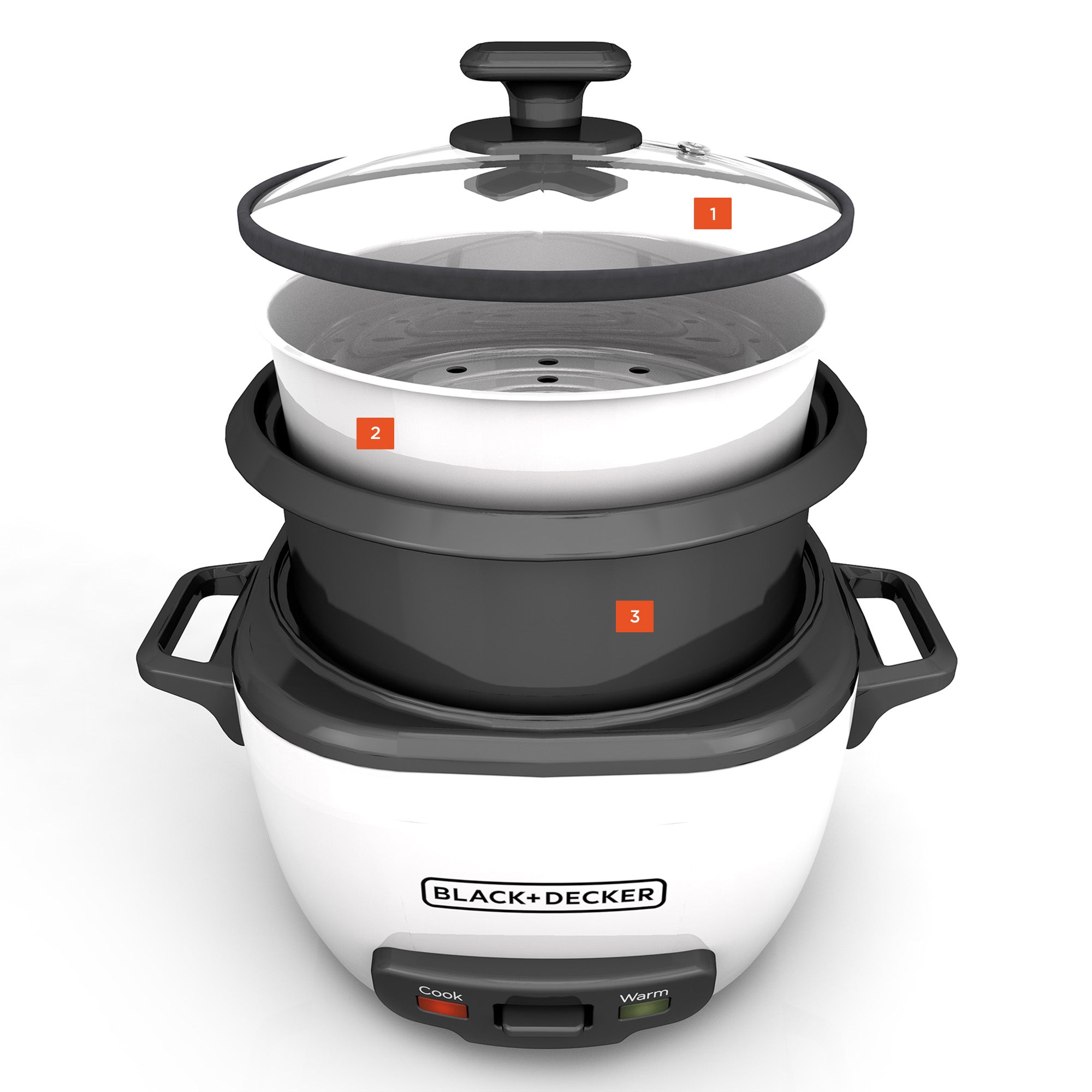 Black+Decker electric multi-cooker with tiered design on a white background