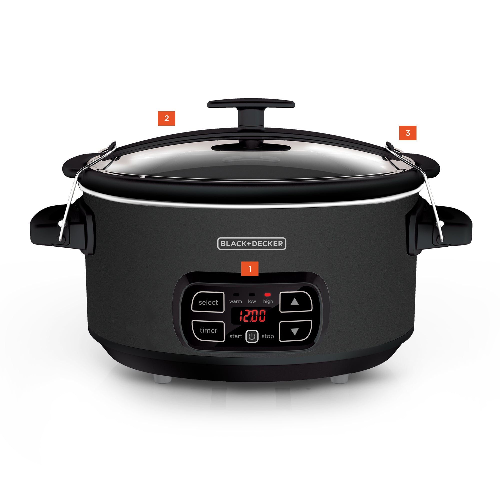Black slow cooker with digital display on a white background