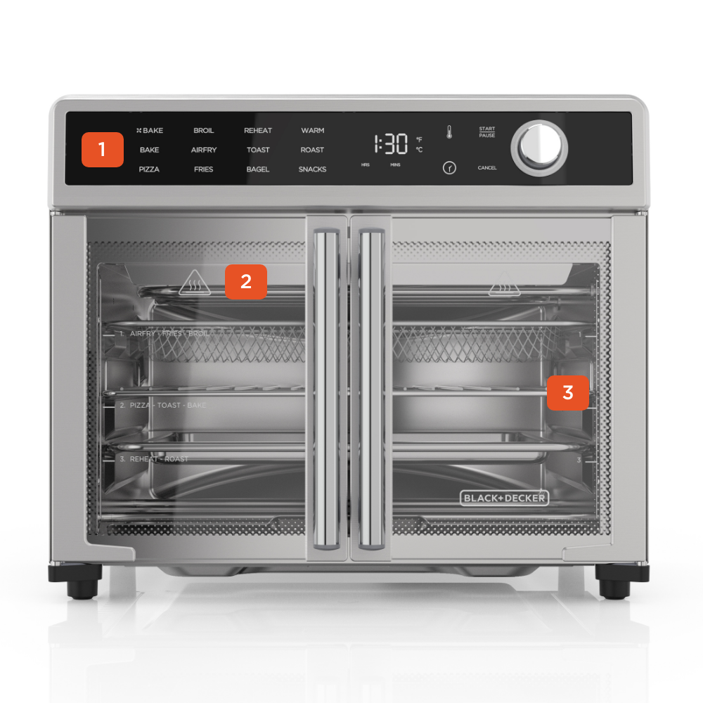 Black+Decker commercial oven with digital control panel on a white background
