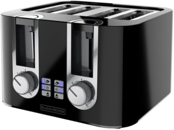 Black and silver toaster with control panel on a white background