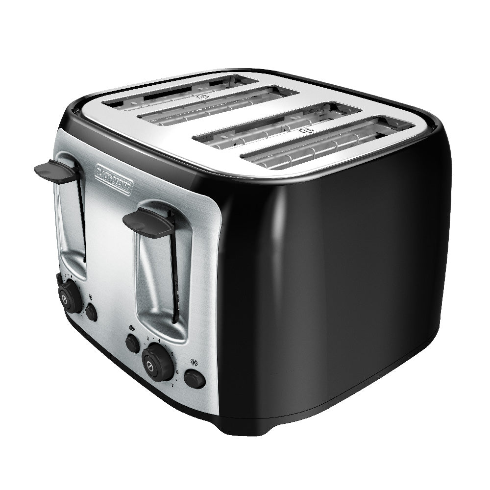 Black and silver toaster on a white background