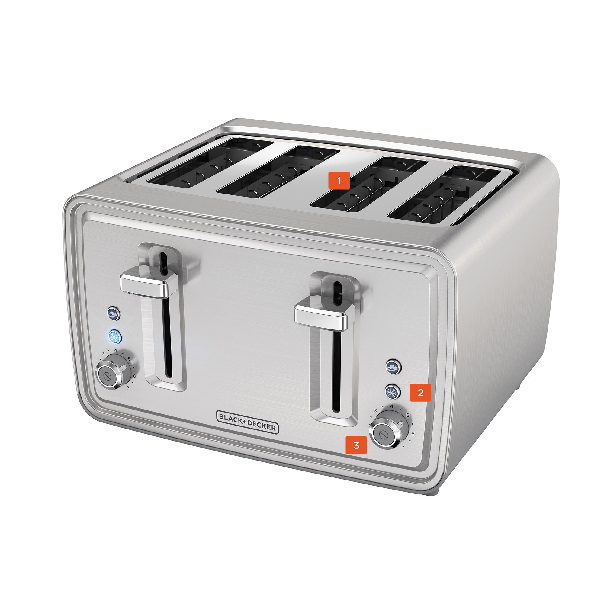 Silver toaster with four slices of bread on a white background