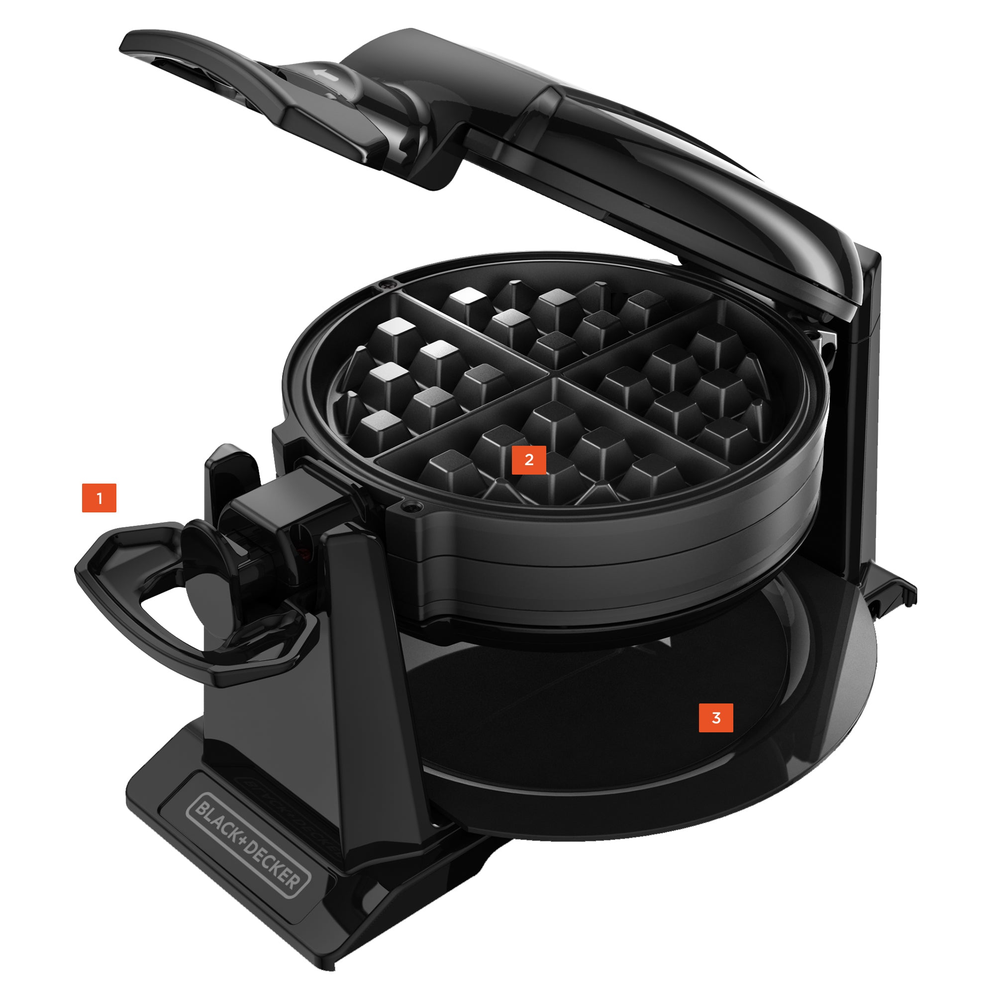 Black waffle maker with a white background