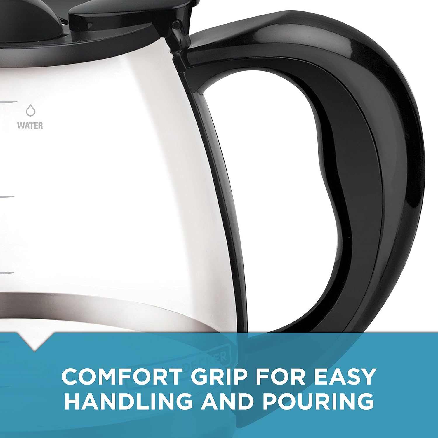 Black coffee maker with a comfort grip handle on a white background