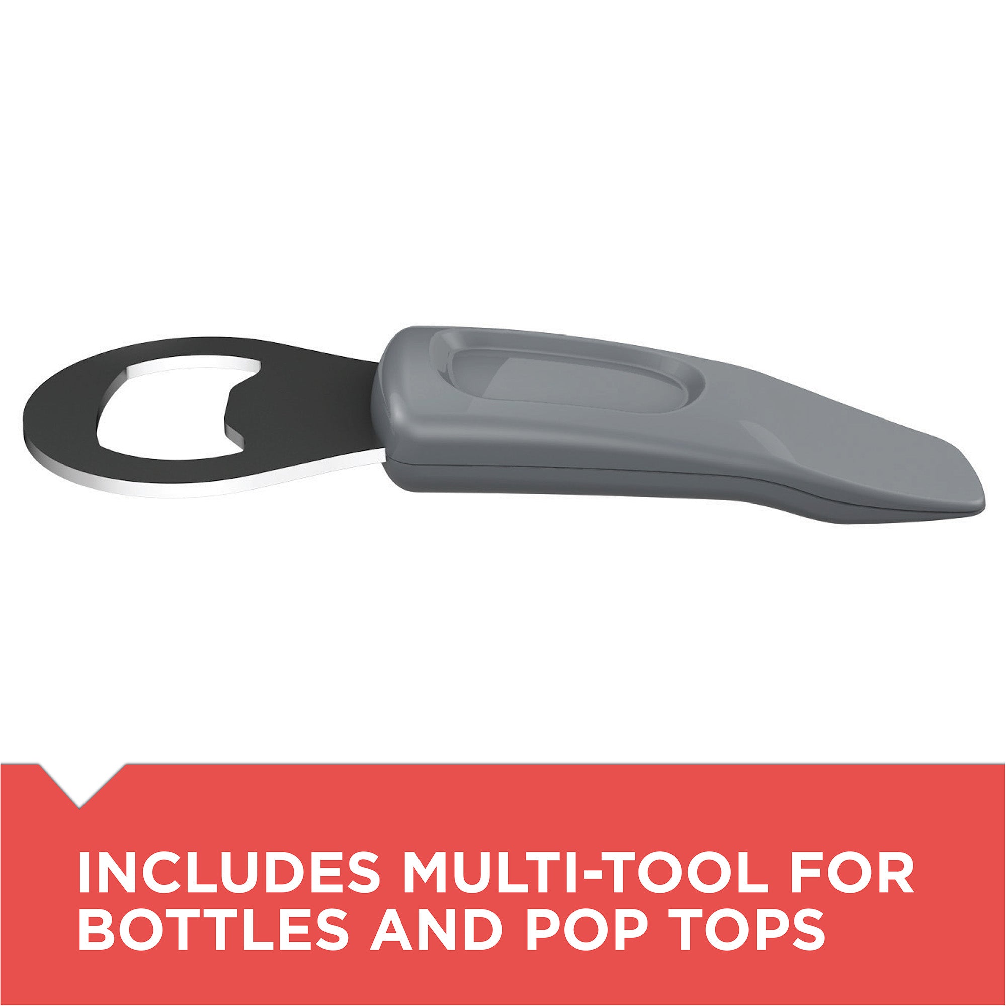 Multi-tool for bottles and pop tops on a white background with text.