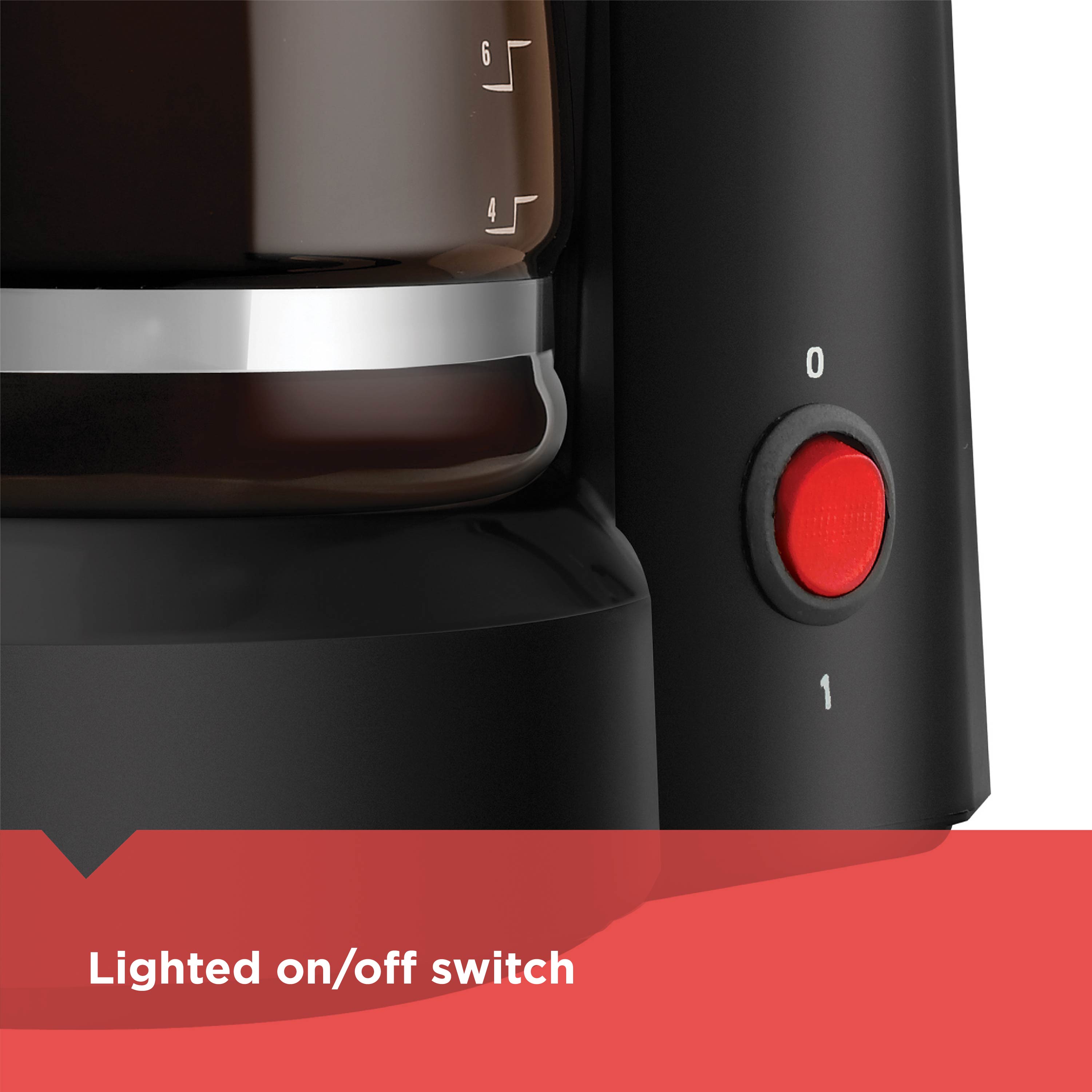 Black coffee maker with a red lighted on/off switch on a white background