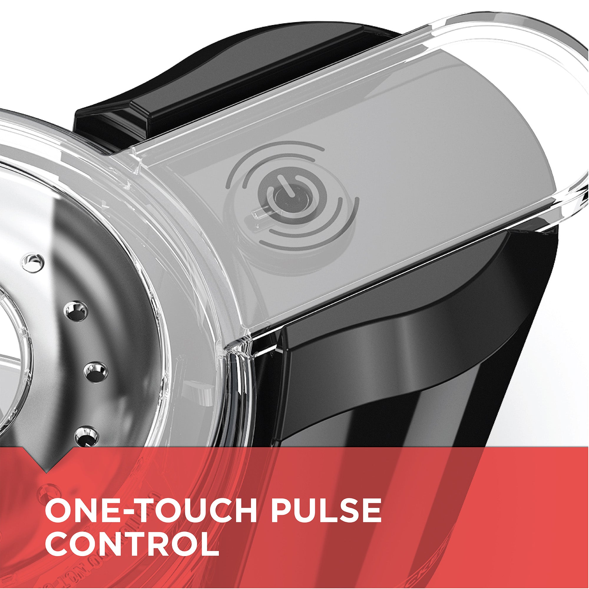 Close-up of a kitchen appliance with one-touch pulse control feature on a white background.