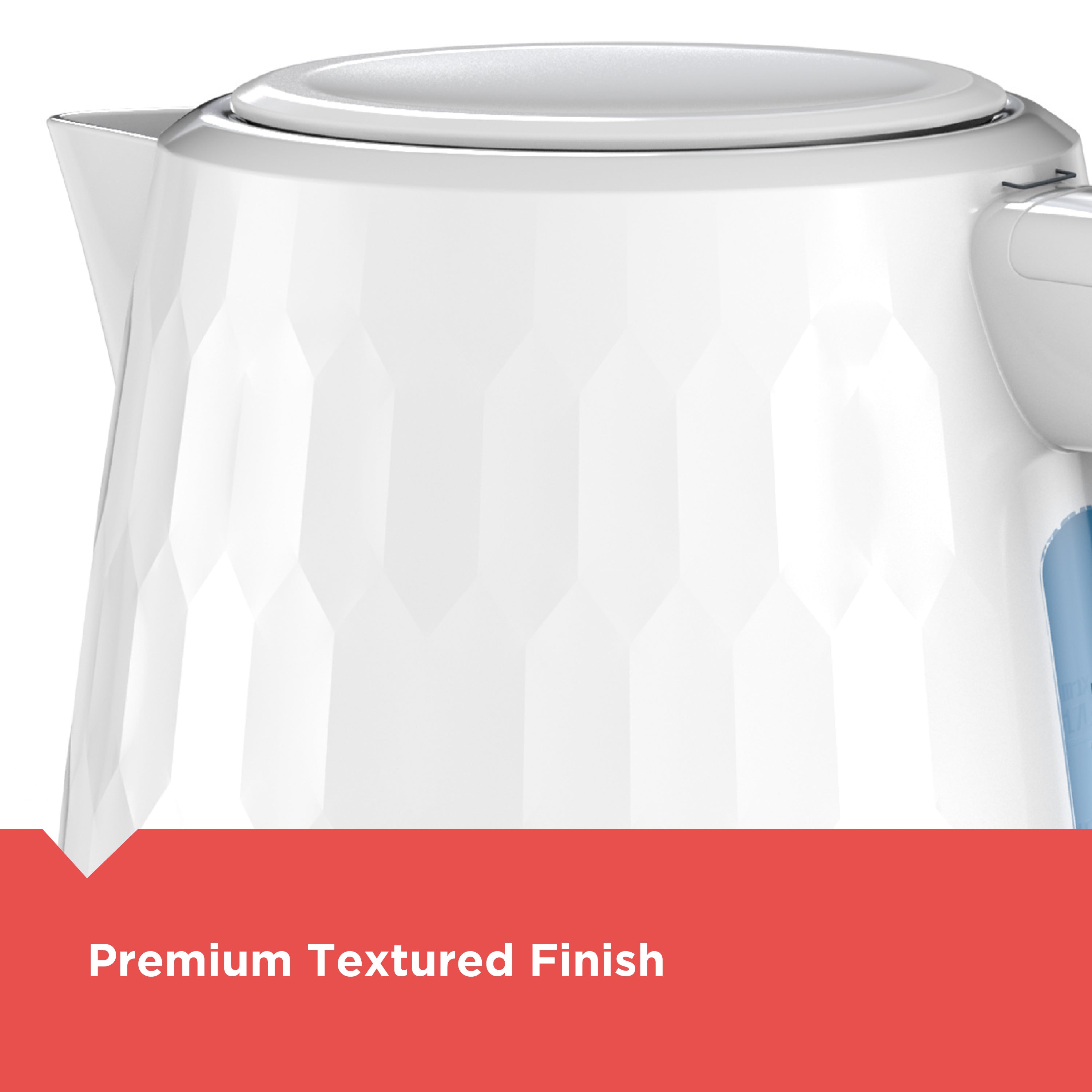 White electric kettle with a red accent on a white background, featuring the text 'Premium Textured Finish'.