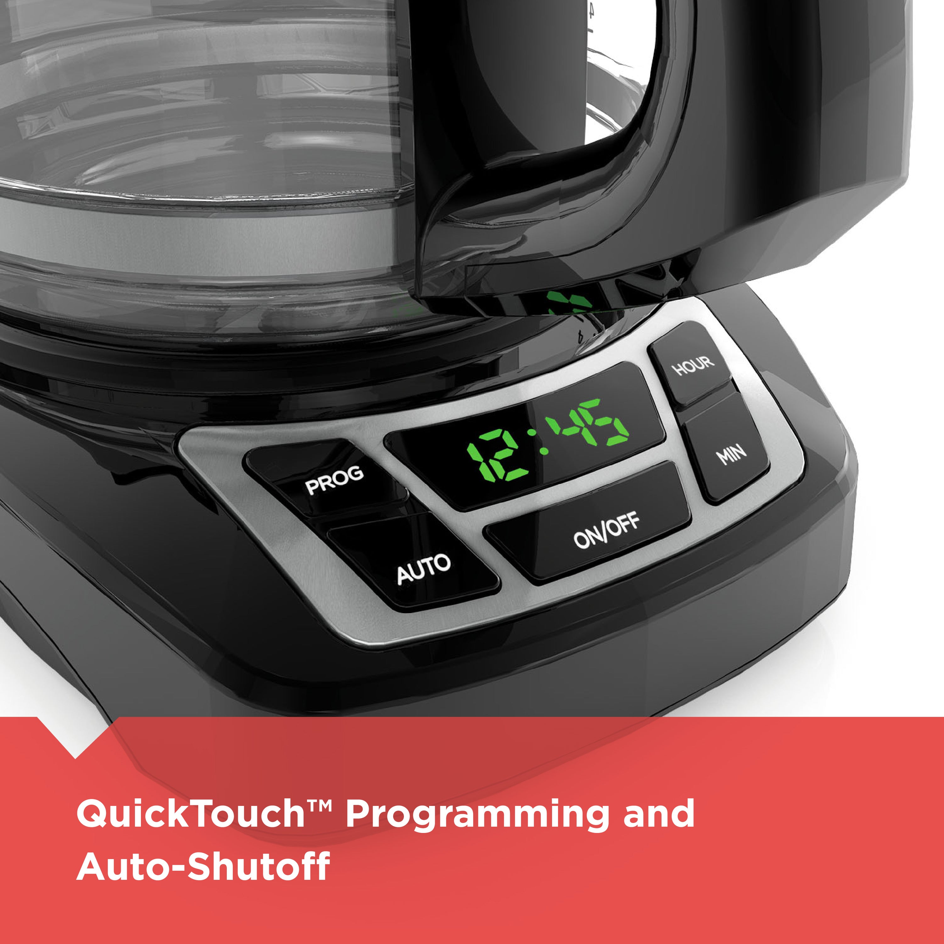 Coffee maker with digital display and control panel on a white background