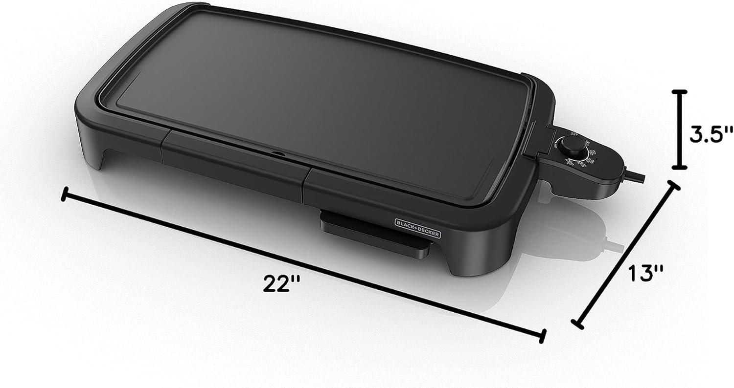 Black electric griddle with dimensions labeled on a white background