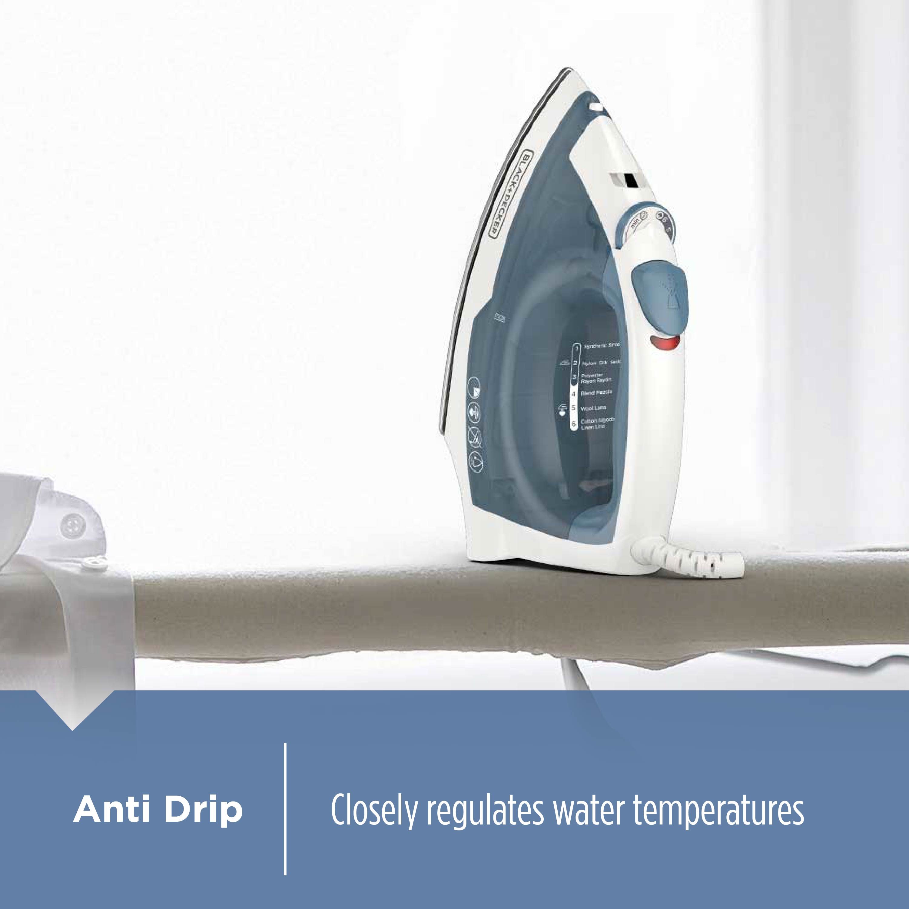 White and blue steam iron on a white background with text about anti-drip feature.