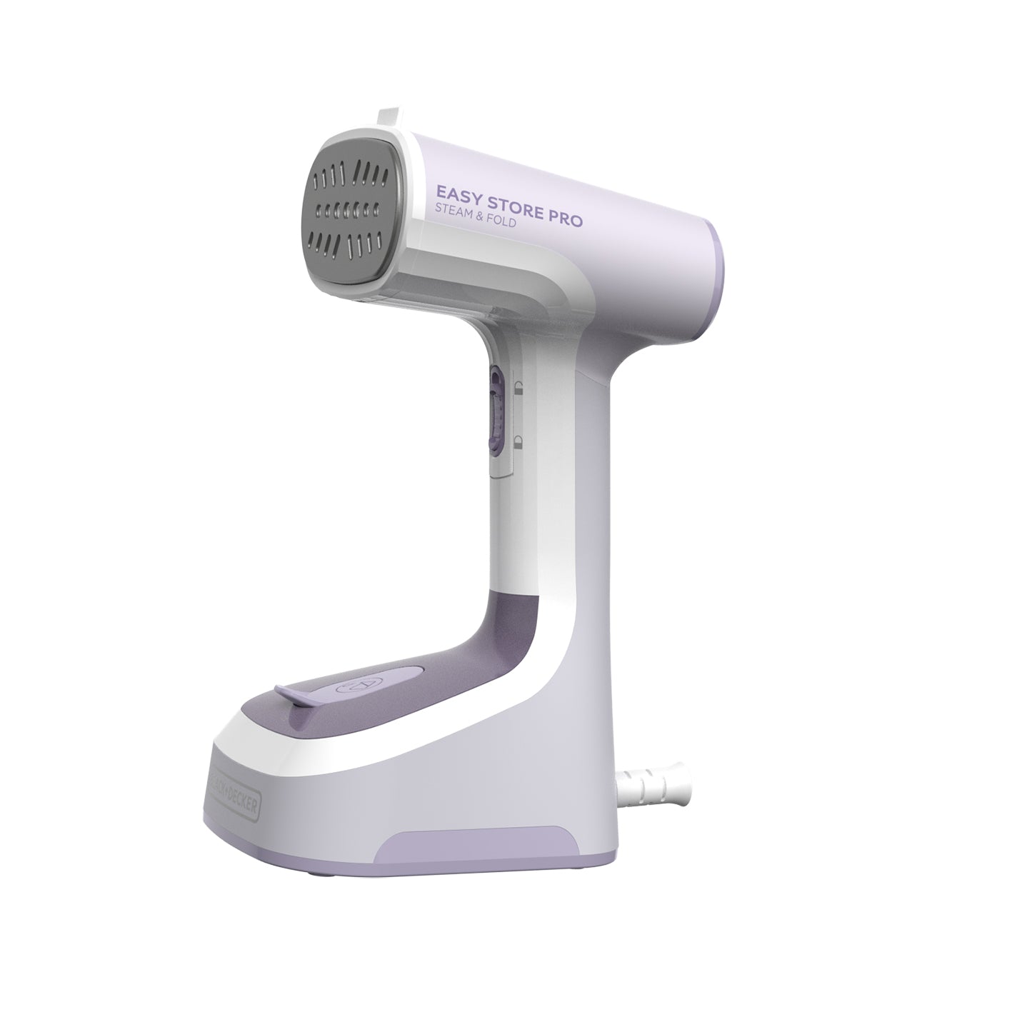 White and purple handheld steamer with 'Easy Store Pro' branding on a white background
