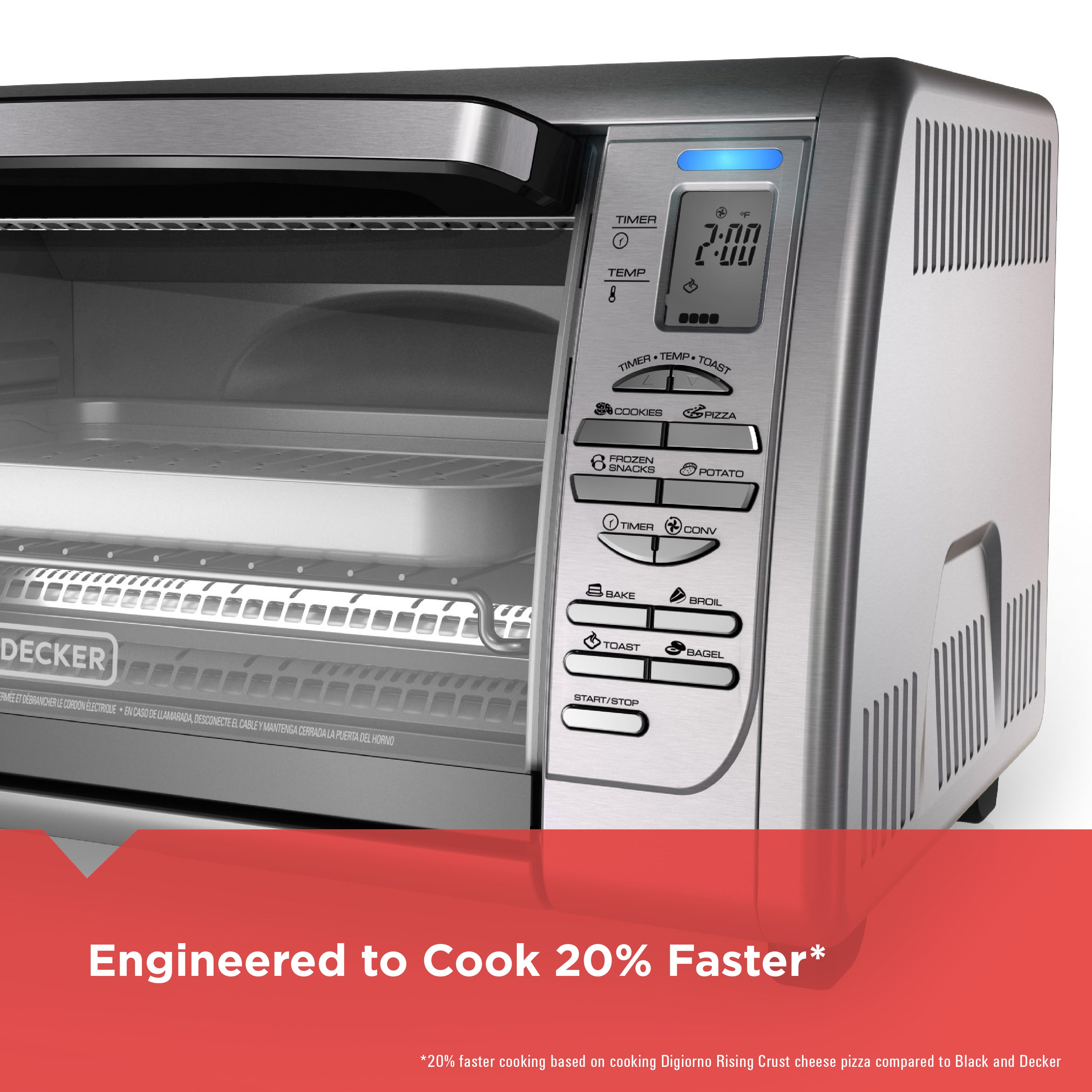 Black Decker toaster oven with digital display on a white background