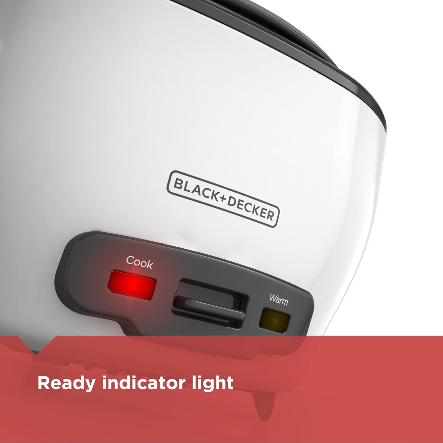 Black+Decker rice cooker with a red indicator light on a white background