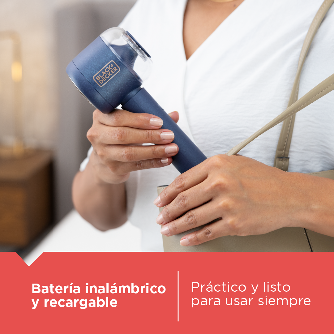 Person holding a blue handheld device with text about battery and charging options.